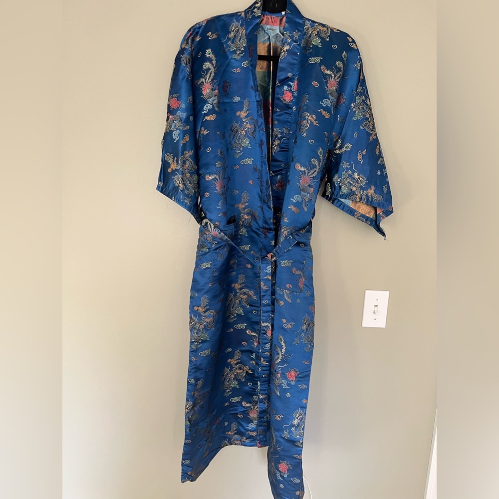 Golden Dragon Elegant Blue long Kimono Robe